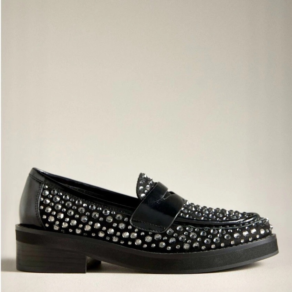 Anthropologie Bibi Lou Jaya Gem  Loafers Black Leather Jewels - Picture 5 of 12